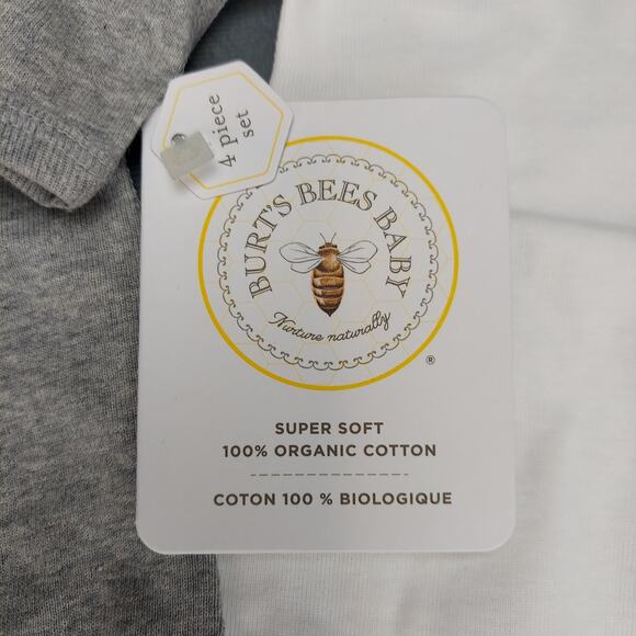 Burt's Bees Organic Cotton 4Pc Coveralls Footed Pajamas Knot Top Hats Gray 0-3M - Picture 4 of 7